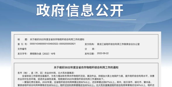 黑龙江省2022年度秸秆综合利用率将达92%以上